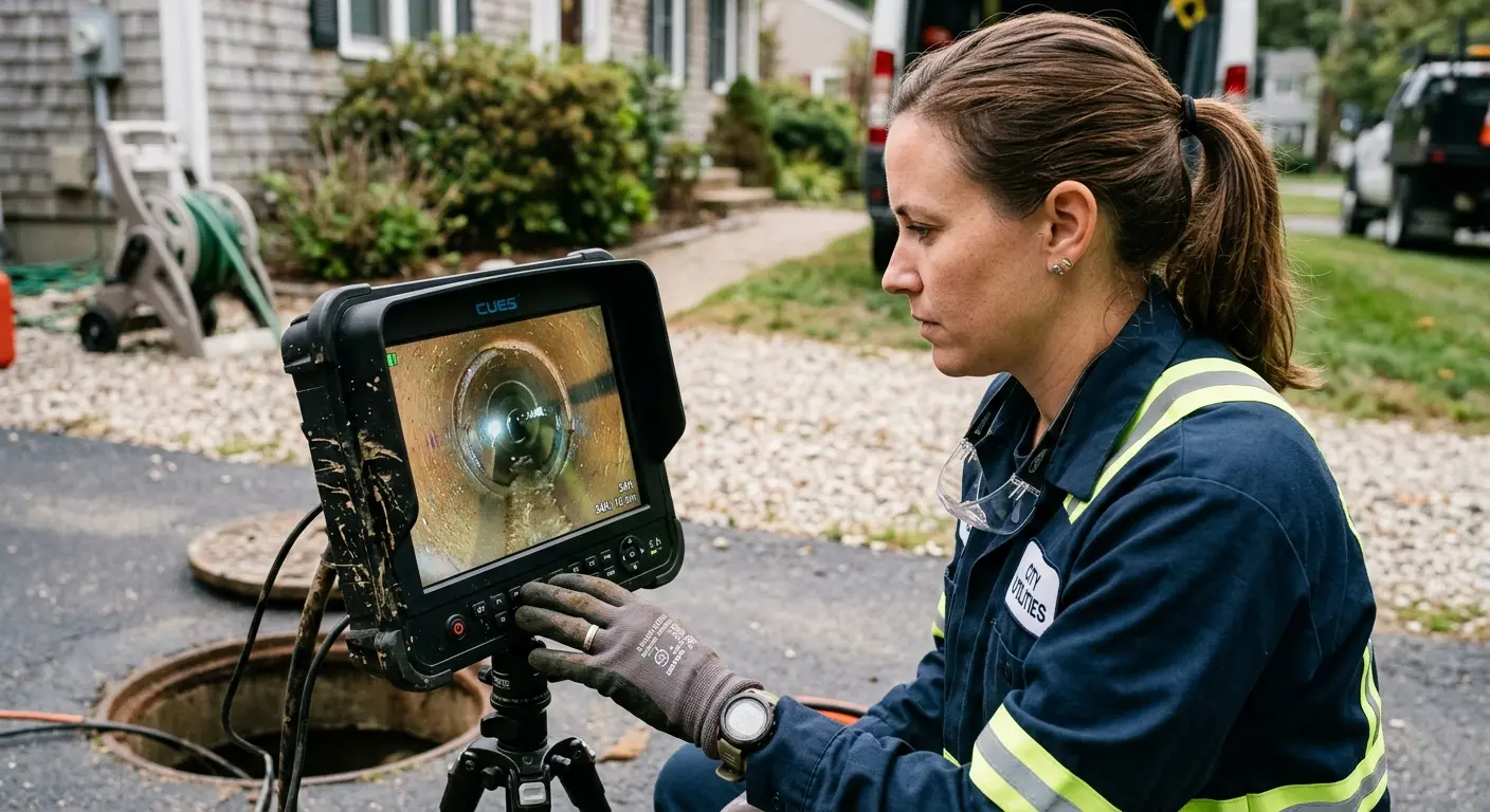 Technician reviewing sewer camera inspection footage in North Fort Lewis