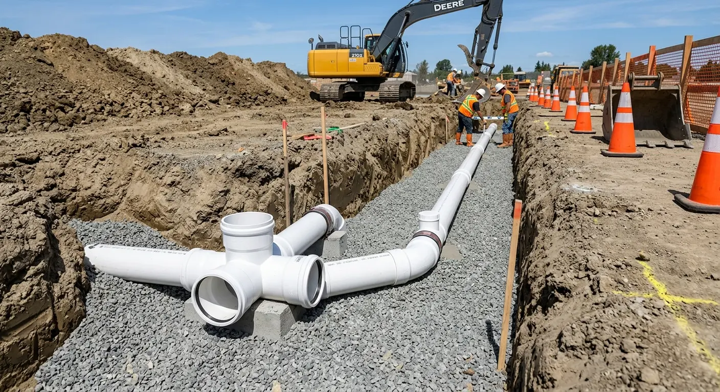New PVC sewer pipe installation in open trench for Commercial Drain Cleaning in North Fort Lewis