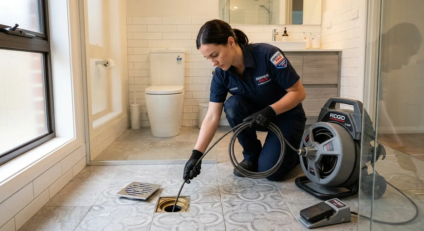 Technician clearing a bathroom floor drain for Clogged Drain Repair in North Fort Lewis